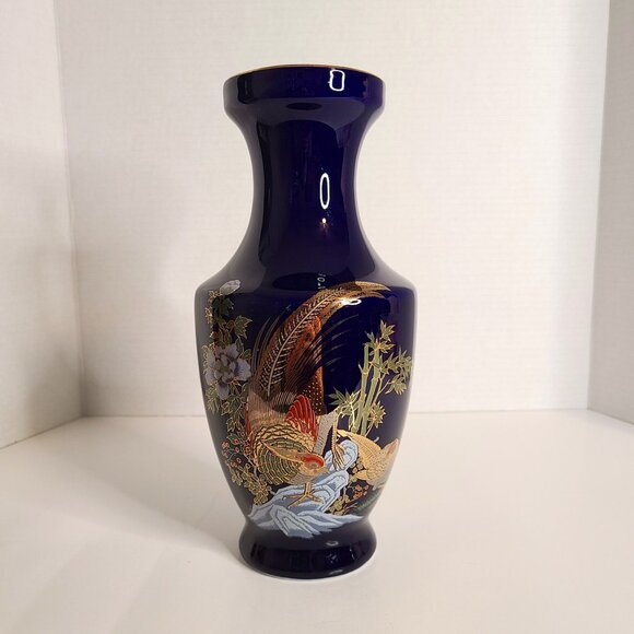Japanese-Style Vase Cobalt Blue Bird Design Detailed in Gold 10" - Picture 1 of 5